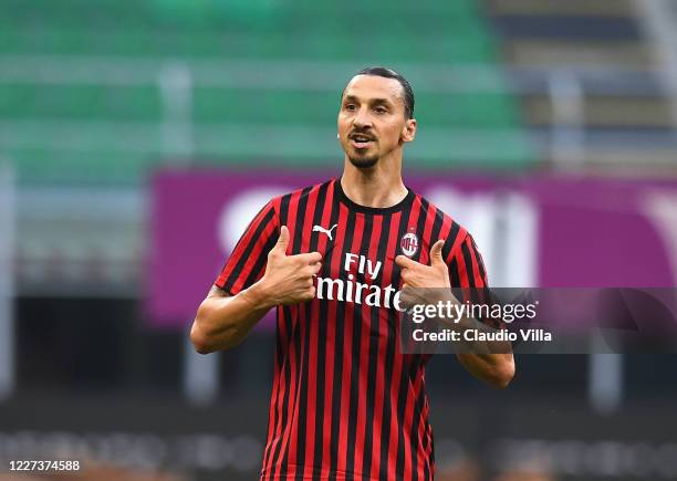Zlatan Ibrahimovic of AC Milan reacts during the Serie A match between AC Milan and Parma Calcio at Stadio Giuseppe Meazza on July 15, 2020 in Milan,...