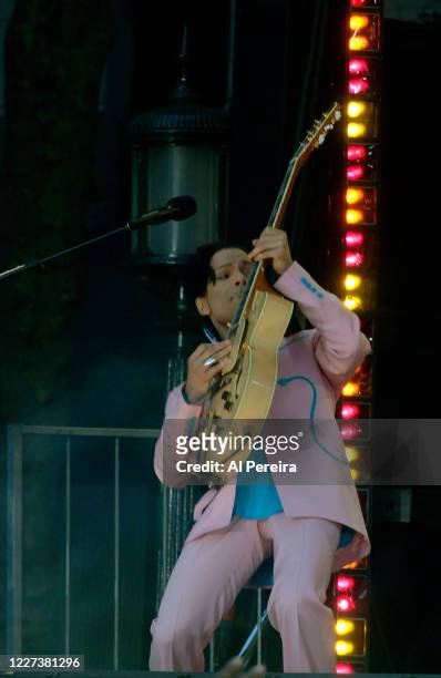 Prince performs during the "Prince, Featuring Tamar" segment of ABC's Good Morning America Summer Concert Series on June 16, 2006 at Bryant Park in...