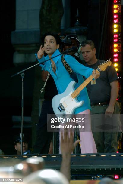 Prince performs during the "Prince, Featuring Tamar" segment of ABC's Good Morning America Summer Concert Series on June 16, 2006 at Bryant Park in...