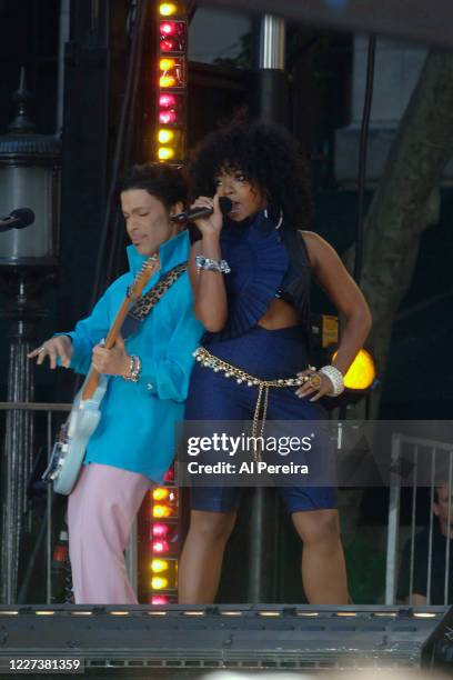 Prince and Tamar perform during the "Prince, Featuring Tamar" segment of ABC's Good Morning America Summer Concert Series on June 16, 2006 at Bryant...