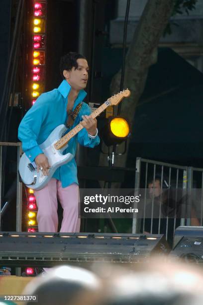 Prince performs during the "Prince, Featuring Tamar" segment of ABC's Good Morning America Summer Concert Series on June 16, 2006 at Bryant Park in...