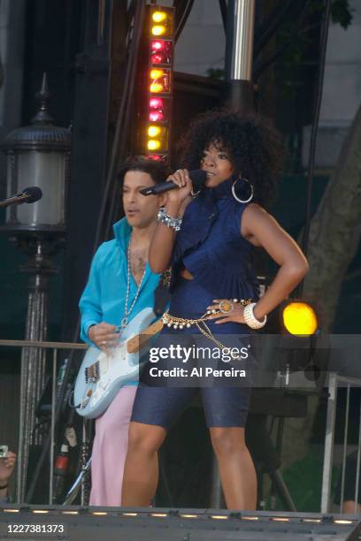 Prince and Tamar perform during the "Prince, Featuring Tamar" segment of ABC's Good Morning America Summer Concert Series on June 16, 2006 at Bryant...