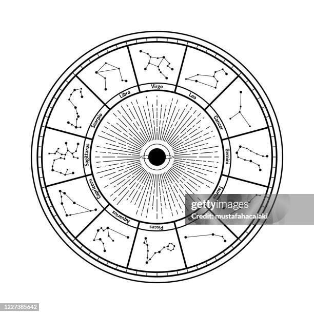 schwarz-weiß-kreis-tierkreis-zeichen konstellation hintergrund - widder stock-grafiken, -clipart, -cartoons und -symbole