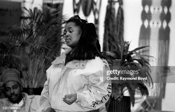 Rap artist Sister Souljah speaks to a youth group in Chicago, Illinois in May 1992.