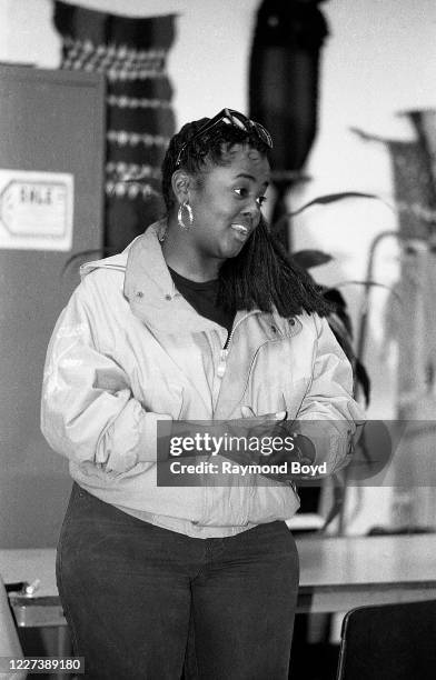 Rap artist Sister Souljah speaks to a youth group in Chicago, Illinois in May 1992.