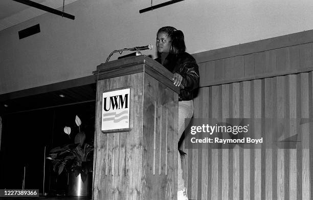 Rap artist Sister Souljah speaks at the University of Wisconsin-Milwaukee in Milwaukee, Wisconsin in May 1992.