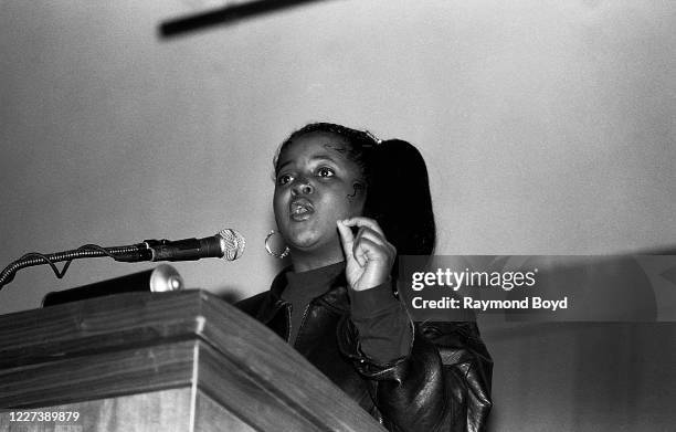 Rap artist Sister Souljah speaks at the University of Wisconsin-Milwaukee in Milwaukee, Wisconsin in May 1992.