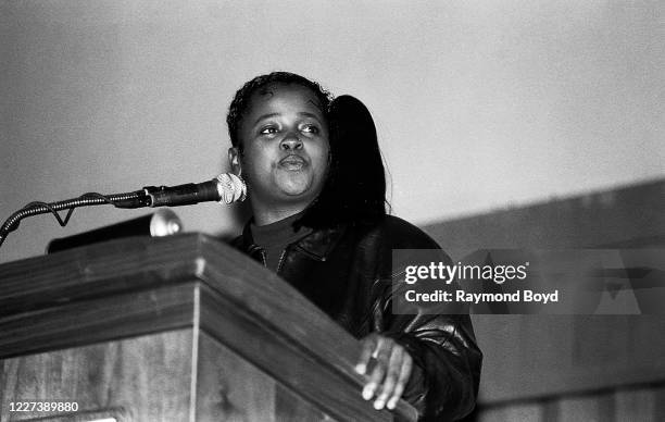 Rap artist Sister Souljah speaks at the University of Wisconsin-Milwaukee in Milwaukee, Wisconsin in May 1992.