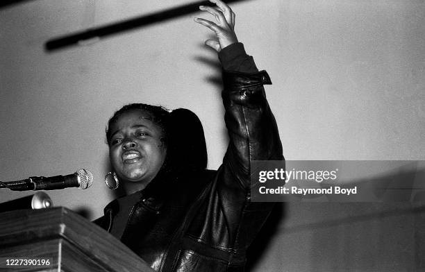 Rap artist Sister Souljah speaks at the University of Wisconsin-Milwaukee in Milwaukee, Wisconsin in May 1992.