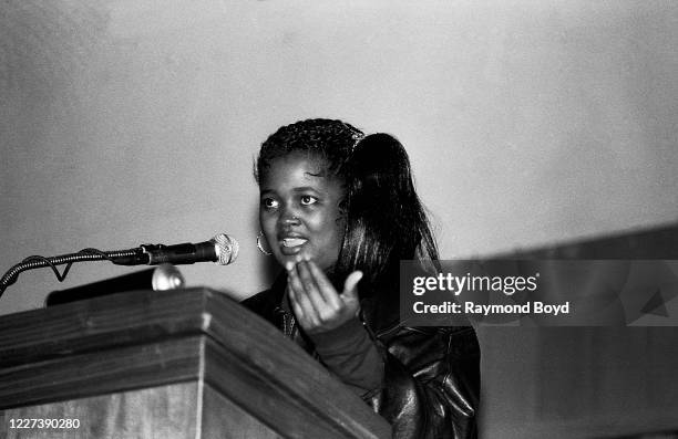 Rap artist Sister Souljah speaks at the University of Wisconsin-Milwaukee in Milwaukee, Wisconsin in May 1992. "n