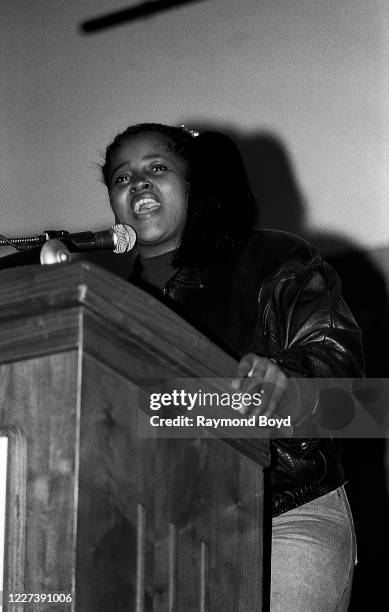 Rap artist Sister Souljah speaks at the University of Wisconsin-Milwaukee in Milwaukee, Wisconsin in May 1992.