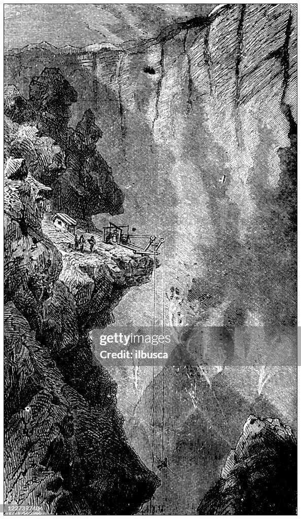 Ancient illustration: Popocatépetl volcano crater