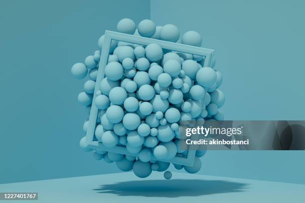 3d abstract flying spheres with frame on blue background - 3d abstract imagens e fotografias de stock