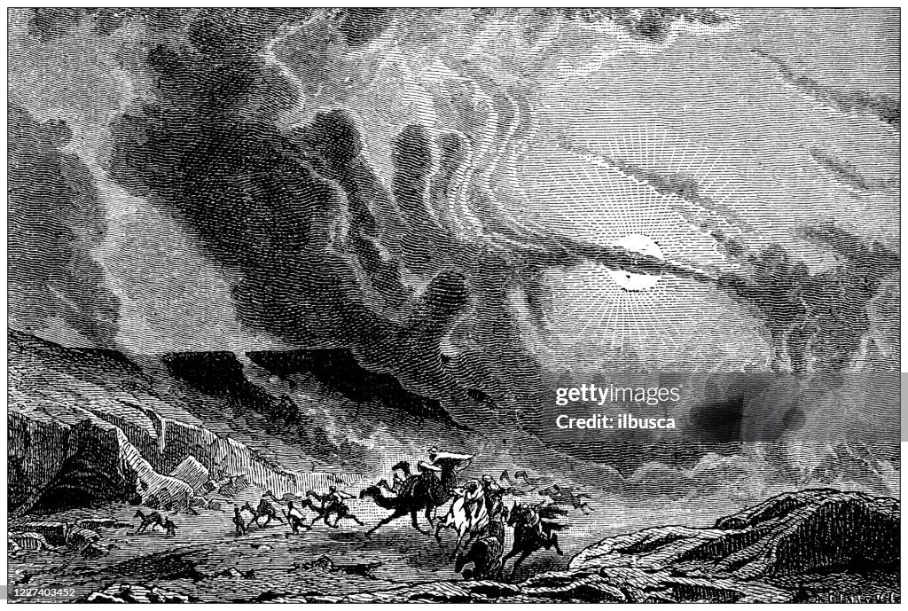 Antique illustration: Simoom wind in desert