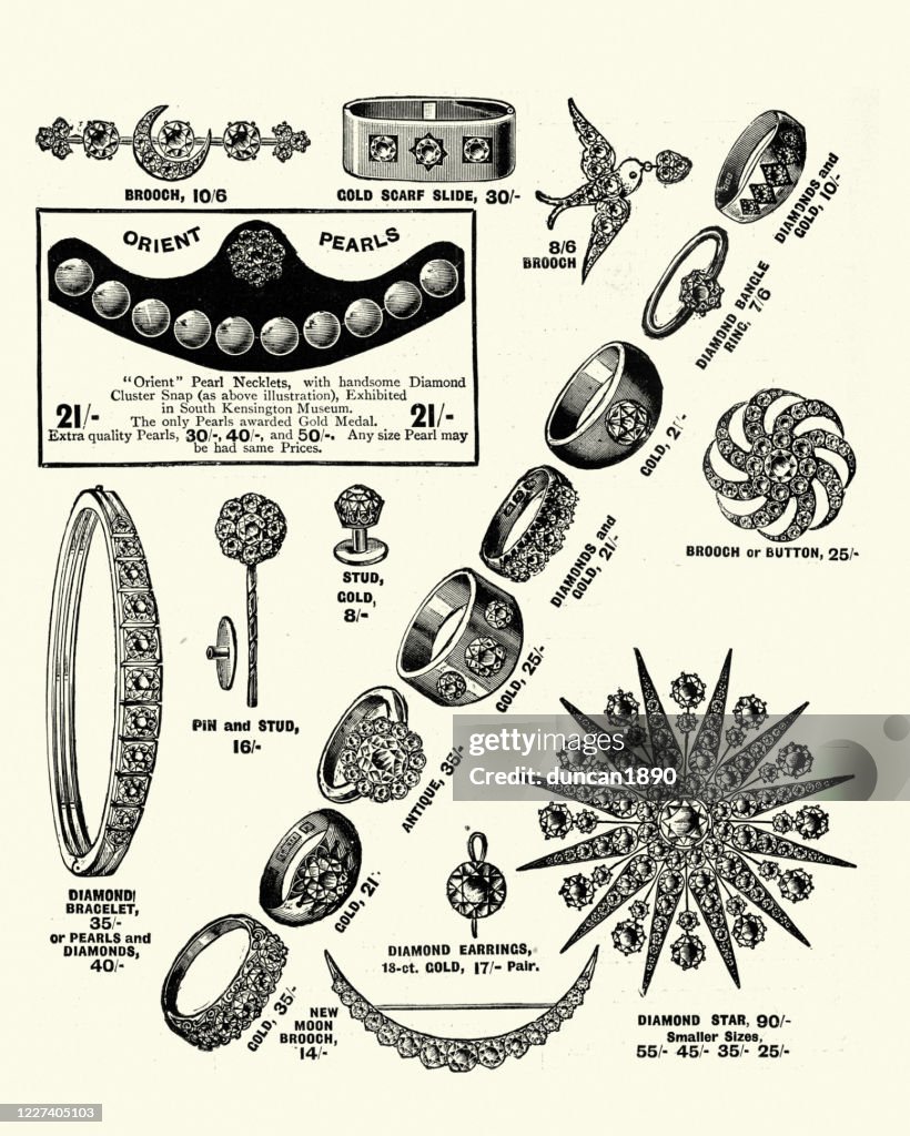 Examples of Victorian jewelry, Diamond rings, brooch, bracelet