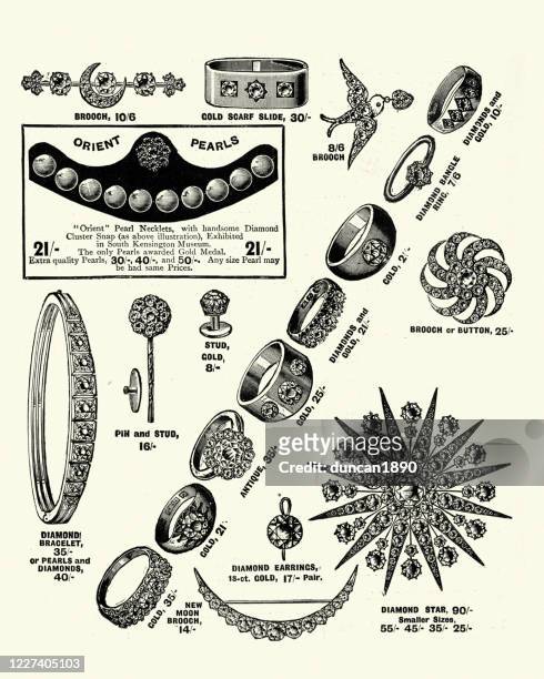examples of victorian jewelry, diamond rings, brooch, bracelet - vintage brooch stock illustrations