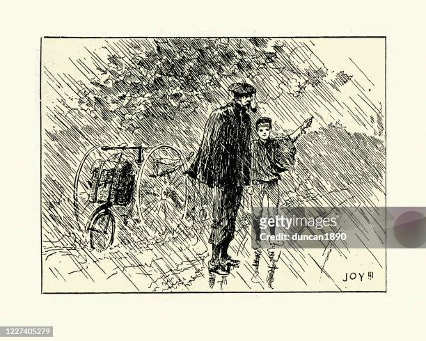ilustrações, clipart, desenhos animados e ícones de ciclista perdido pedindo direções em dia chuvoso, século xix - monta de toro