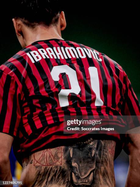 Tattoo of Zlatan Ibrahimovic of AC Milan during the Italian Serie A match between AC Milan v Parma on July 15, 2020