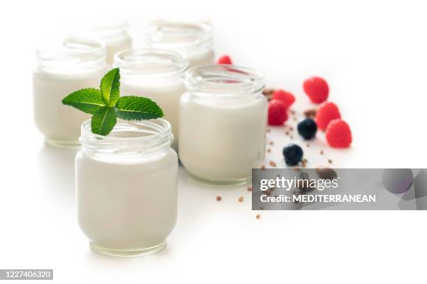 homemade yoghurt yogurt in glass pots with mint leaves berries granola isolated on white - probiotic stock pictures, royalty-free photos & images