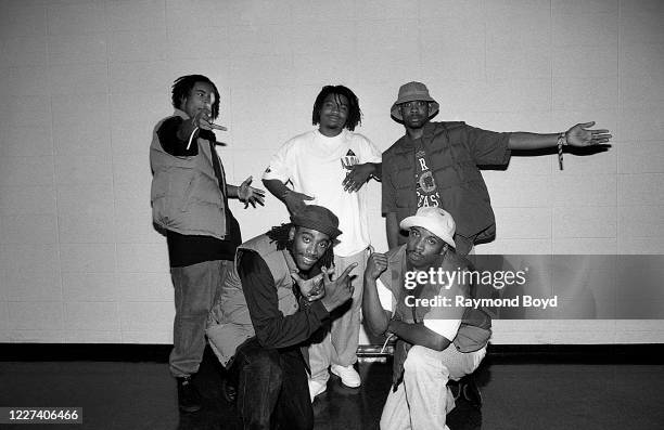 Rappers and dancers Face, Tonga, Sound , Kazo and Prancer of Zhigge poses for photos backstage after their performance at the Arie Crown Theater in...