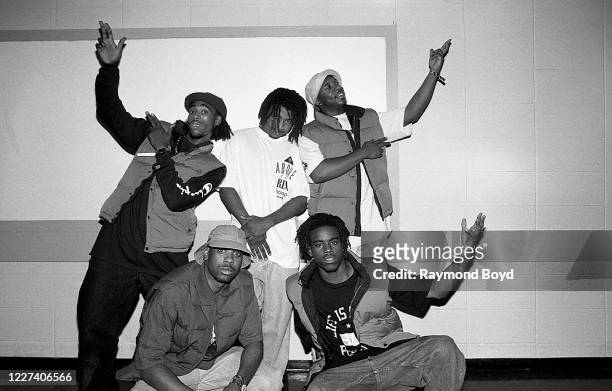 Rappers and dancers Kazo, Tonga, Prancer , Sound and Face of Zhigge poses for photos backstage after their performance at the Arie Crown Theater in...