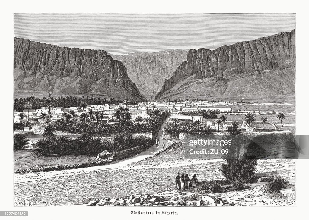 Historical view of El Kantara, Algeria, wood engraving, published 1891