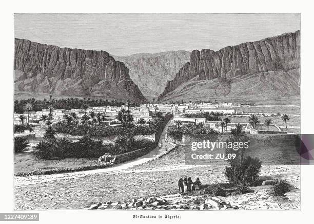 historical view of el kantara, algeria, wood engraving, published 1891 - atlas mountains stock illustrations