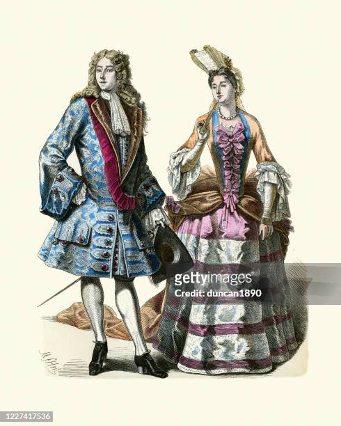 french lord and lady, louis xiv of france, history fashion - france costume stock illustrations