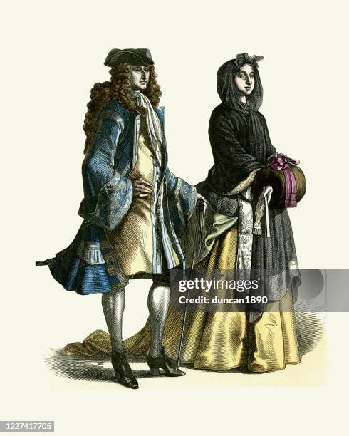 ilustrações, clipart, desenhos animados e ícones de senhor alemão e senhora do início do século xviii, história da moda - regalo