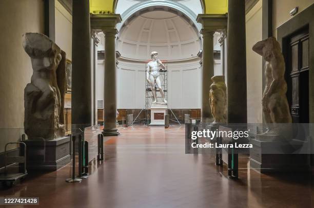 Restorer cleans Michelangelo's David statue while preparing for the reopening of the Galleria dell'Accademia which was closed for almost three months...