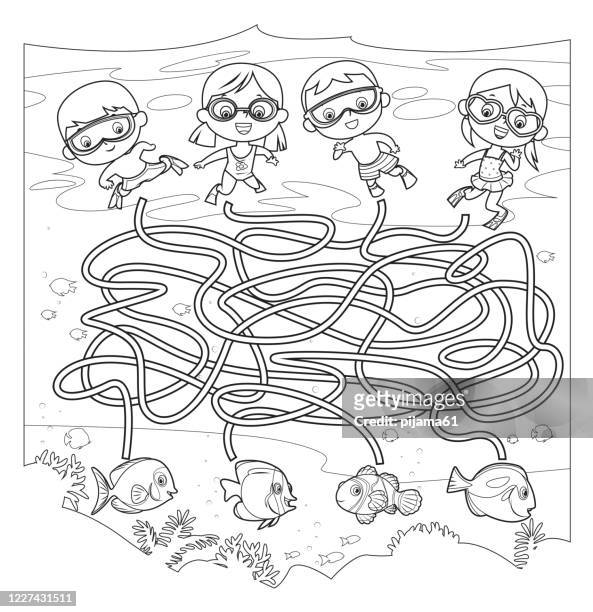 black and white, maze, diving - drawing activity stock illustrations