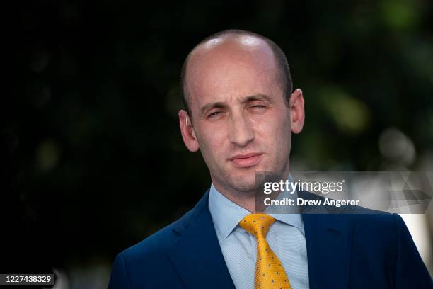 White House Advisor Stephen Miller does a television interview with Fox News outside of the White House on July 15, 2020 in Washington, DC.