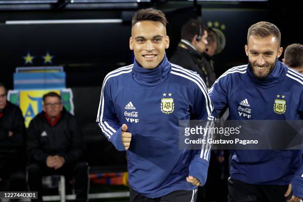 Lautaro Martinez and German Pezzella warms up prior the international friendly match between Argentina and Germany at Signal Iduna Park on October 9,...
