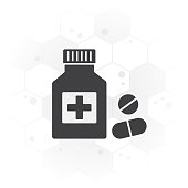 Drugstore. Medicine bottle and pills. Medicament on hexagon background. Vector