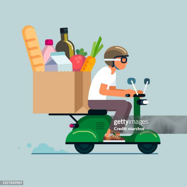 ilustrações de stock, clip art, desenhos animados e ícones de scooter grocery delivery - delivering