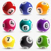 Lottery balls. Lotto game balls with numbers, bingo lucky instant jackpot win. Lottery internet leisure gamble, realistic vector set