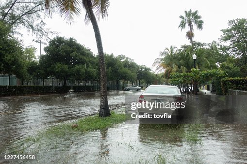 佛羅里達州邁阿密海灘暴雨過後被洪水淹沒的街道 佛羅里達州邁阿密海灘暴雨過後被洪水淹沒的街道