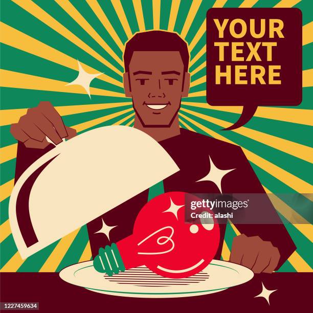 smiling handsome african-american ethnicity businessman taking the lid off a domed tray that has a good idea light bulb inside, light beam background - inventor vector stock illustrations