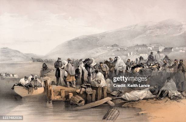 the sick and wounded embark from balaklava harbor - crimean war stock illustrations