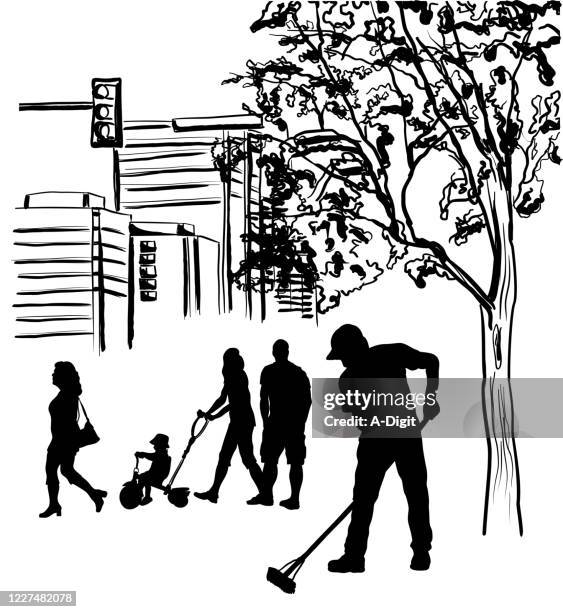 labourer stadt reinigung silhouetten - besen kehren stock-grafiken, -clipart, -cartoons und -symbole