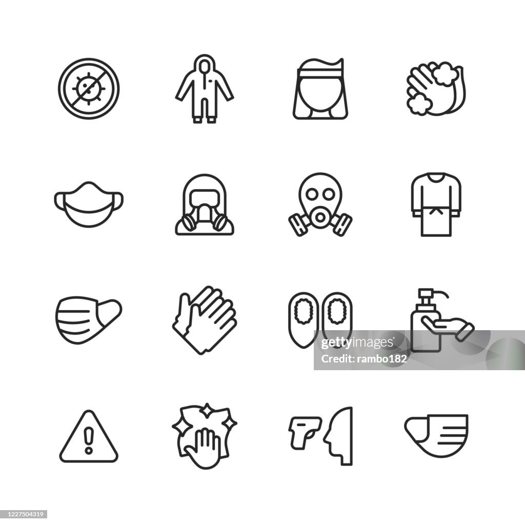 Schutzausrüstung Saat Symbole. Bearbeitbarer Strich. Pixel perfekt. Für Mobile und Web. Enthält symboleweise Hazmat Anzug, Gesichtsmaske, Handwäsche, Gasmaske, Chirurgenmaske, Handschuhe, Händewaschen, Reinigung, Thermometer, Temperaturpistole, Handsa