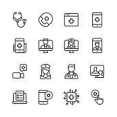 Telemedicine Line Icons. Editable Stroke. Pixel Perfect. For Mobile and Web. Contains such icons as Stethoscope, Telemedicine, Digital Healthcare, Video Call with Doctor, Online Consultation, Nurse, Doctor, Artificial Intelligence in Healthcare.