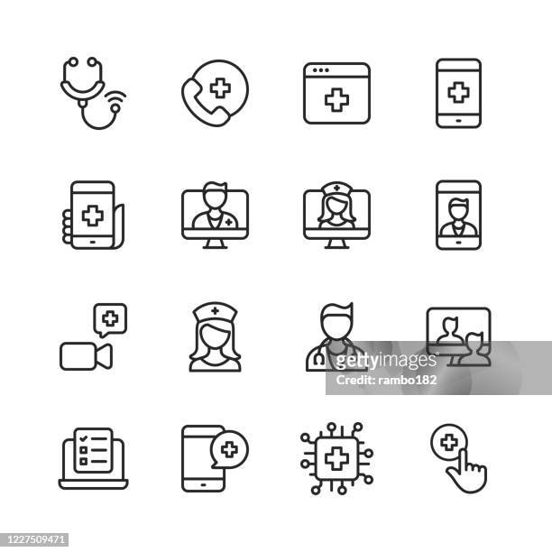 telemedicine line icons. editable stroke. pixel perfect. for mobile and web. contains such icons as stethoscope, telemedicine, digital healthcare, video call with doctor, online consultation, nurse, doctor, artificial intelligence in healthcare. - remote location stock illustrations