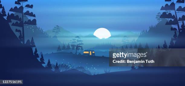 caravan campsite in the mountains at night - fog camper stock illustrations