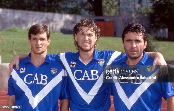 Ioan Ovidiu Sabau, Florin Valeriu Raducioiu and Gheorghe Hagi of Brescia Calcio pose for photo during the Serie A 1992-93, Italy.