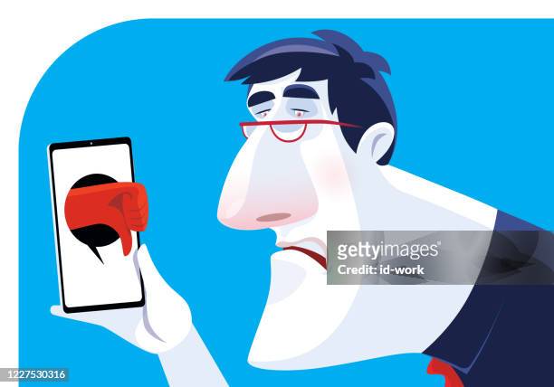 sad man getting thumbs down from smartphone - failure stock illustrations