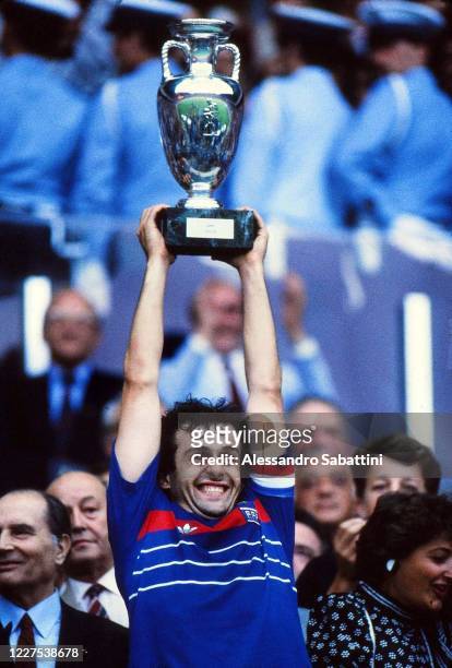 Michel Platini of France celebrates the victory with the trophy after the UEFA EURO 1984 match between France and Spain on Parco dei Principi 27 June...