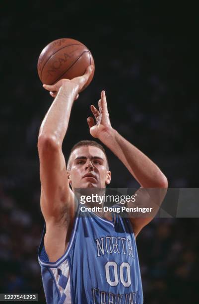 Eric Montross, Center for the University of North Carolina Tar Heels attempts a free throw during the NCAA Atlantic Coast Conference college...