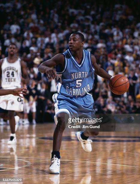 Jeff McInnis, Guard for the University of North Carolina Tar Heels dribbles the ball during the NCAA Atlantic Coast Conference college basketball...