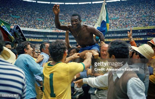 Edson Arantes Do Nascimento Pele of Brazil celebrates the victory after winnings the 1970 World Cup in Mexico match between Brazil and Italy at...